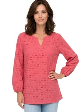 Susan Graver Passport Coral Eyelet Split-Neck Tunic Top Size L